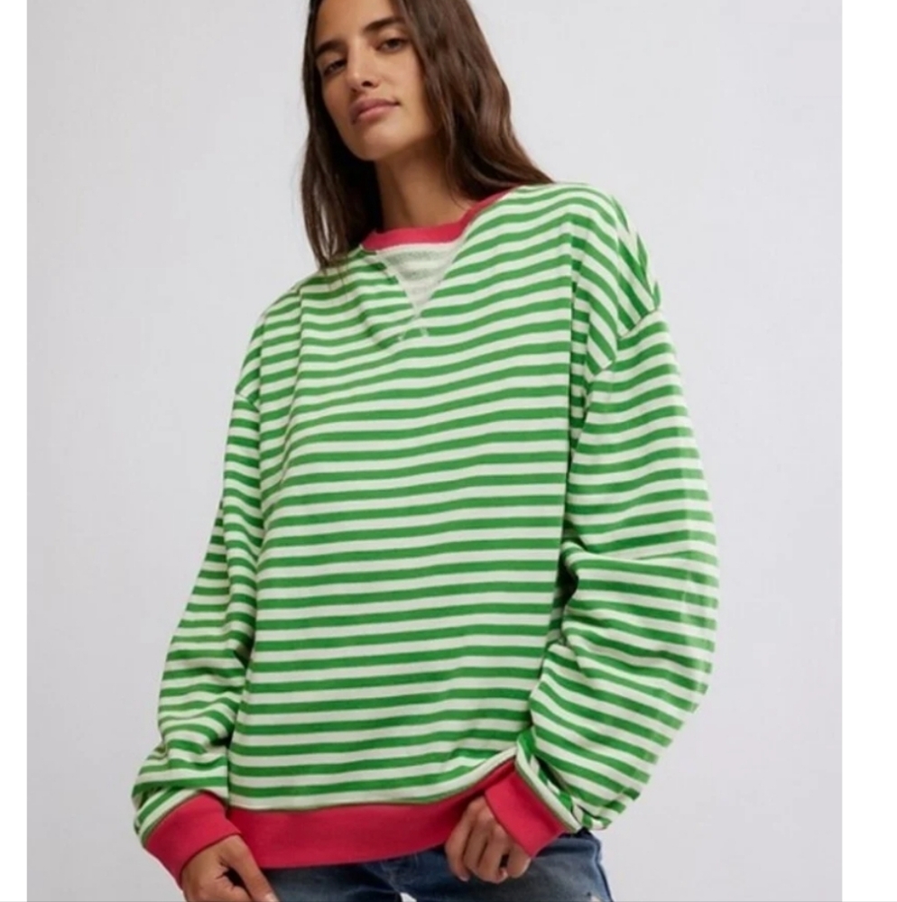 We The Free by Free People Striped Crewneck Oversized Sweatshirt in Green/Pink